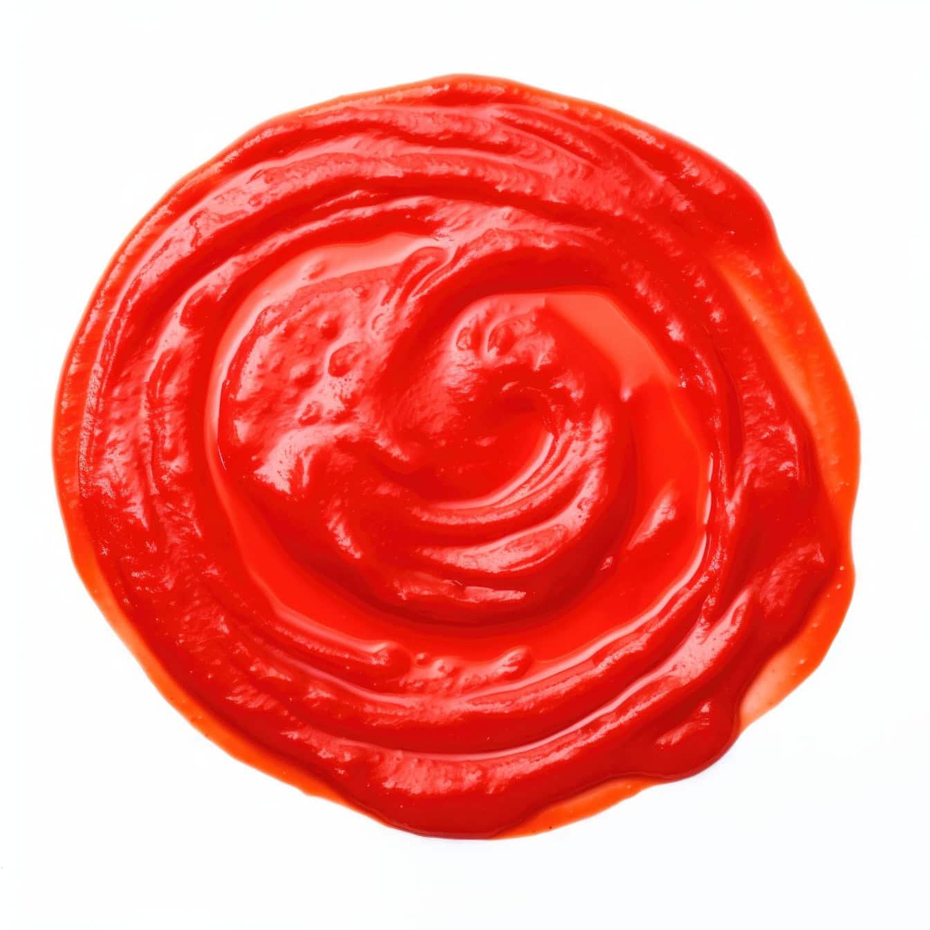 Punainen ympyrä ketsupin tai tomaattipastan kastikkeesta valkoisella pohjalla