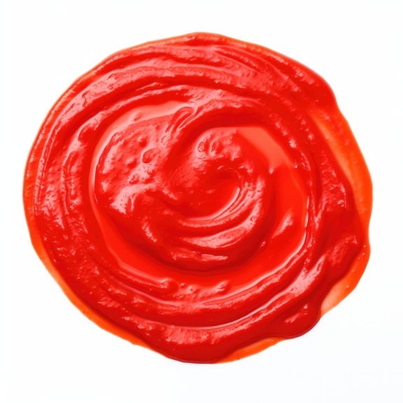 Červený kruh omáčky z kečupu nebo rajčatového protlaku na bílém pozadí