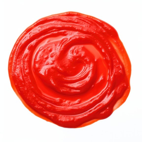 Cerchio rosso di salsa di ketchup o concentrato di pomodoro su sfondo bianco