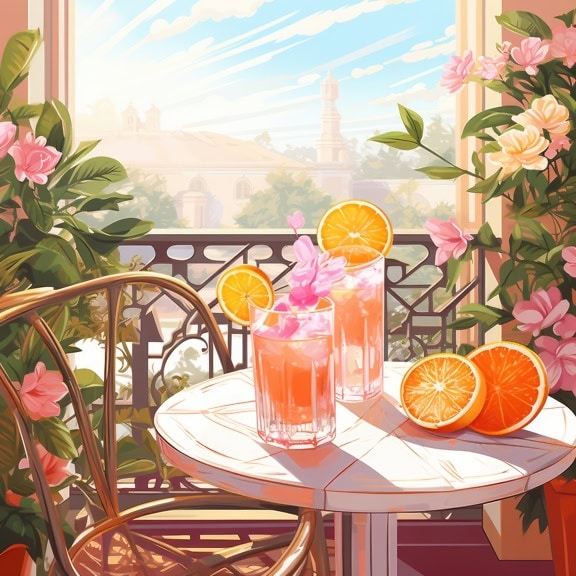 Ilustrație grafică a unei mese cu sucuri de portocale, portocale și flori pe ea