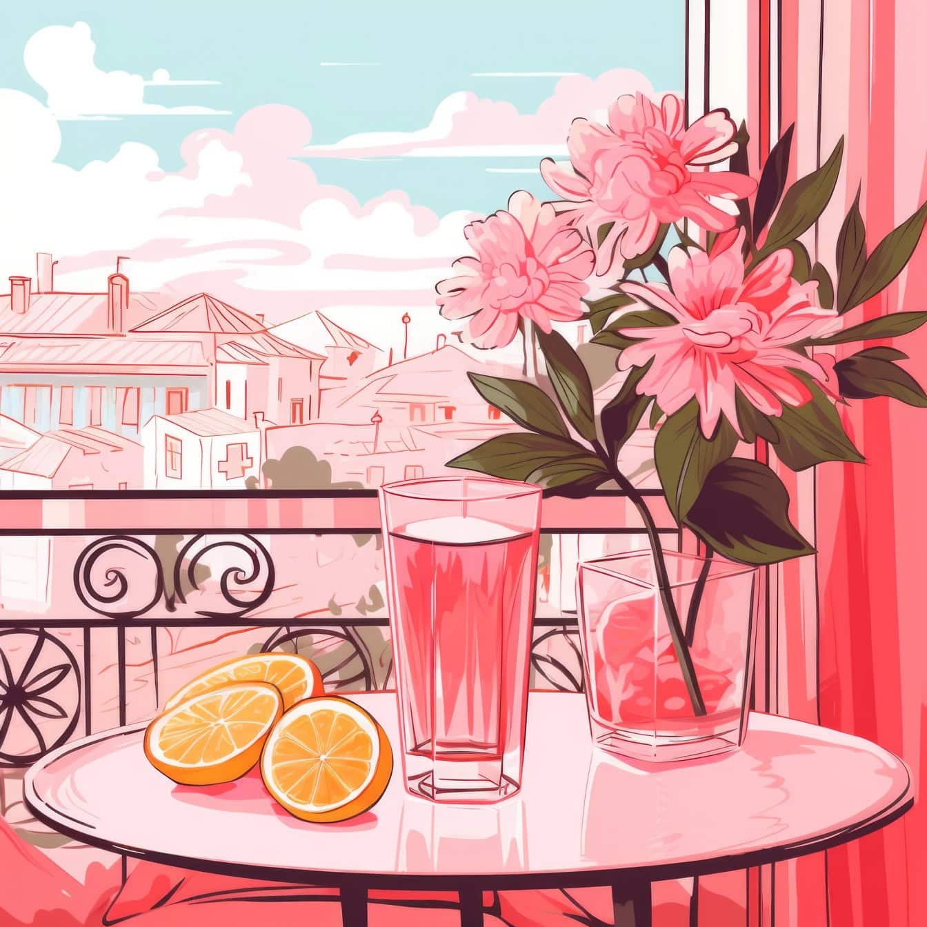 Grafisk illustration i rosa toner av balkong med bord med ett glas av en apelsinjuice och blommor på den med utsikt över staden