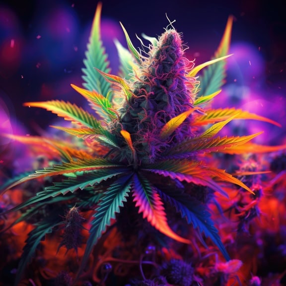 Um gráfico vibrante de uma erva de cannabis em estilo pop art psicodélico