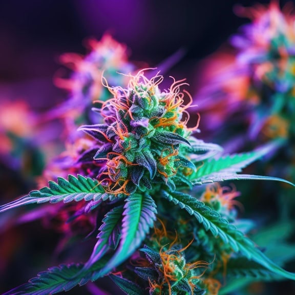 En levende grafisk illustration af en cannabisplante, en urt også kaldet en blå drøm