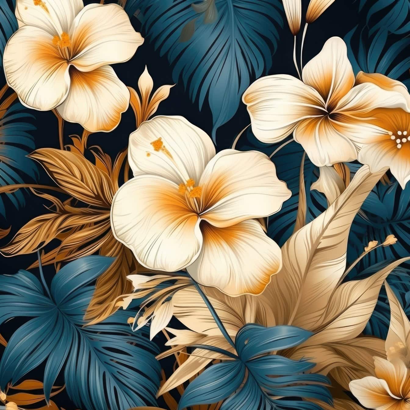 배경에 어두운 푸른 빛이 도는 잎이 있는 황금빛 갈색 꽃의 꽃 패턴