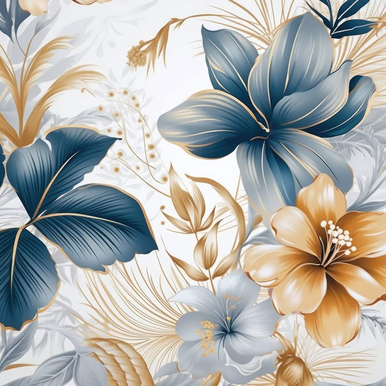 Pastellblomstret grafisk mønster med blå og gylne blomster