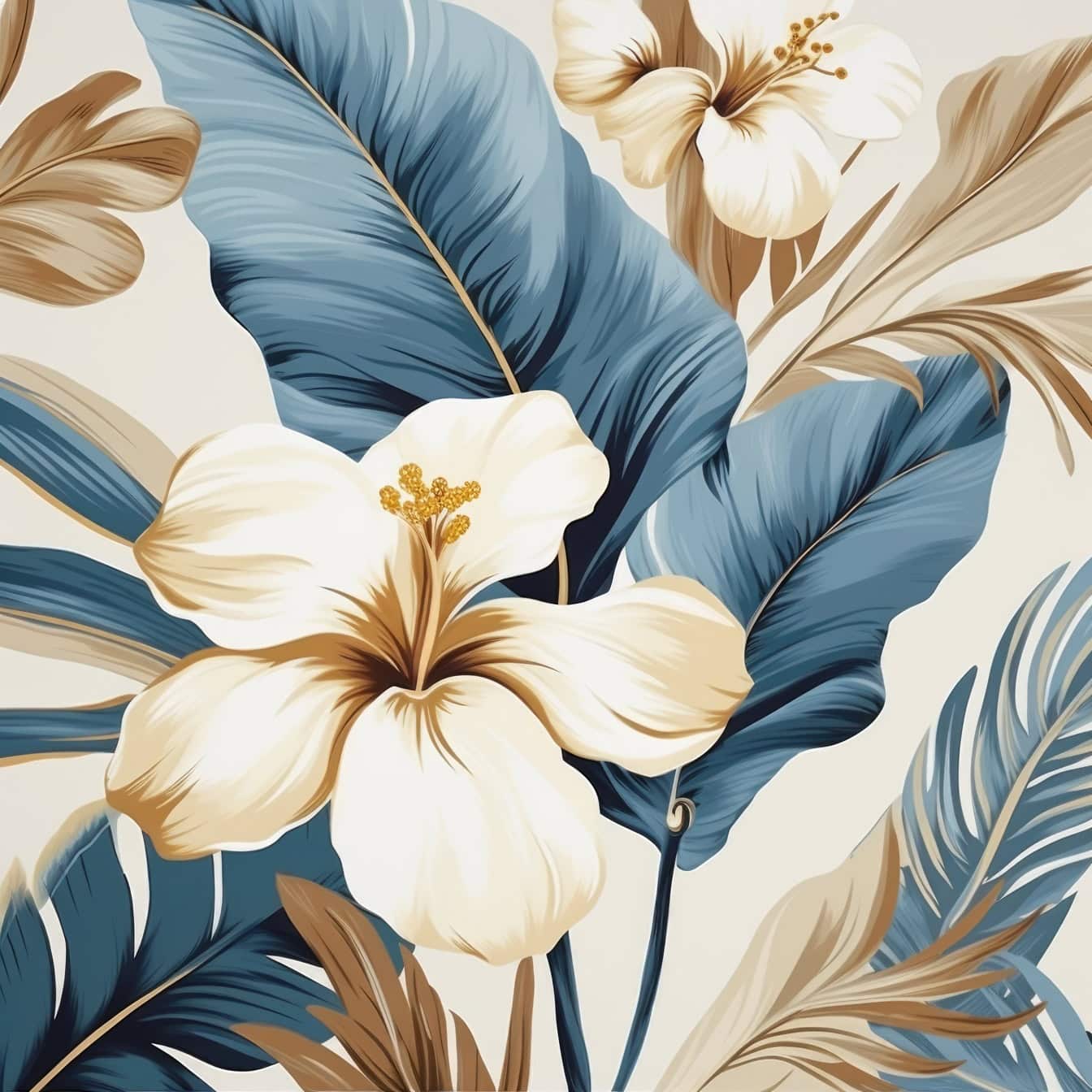 Ilustrație grafică florală a florilor și frunzelor de crin în tonuri pastelate de albastru și gălbui decolorate