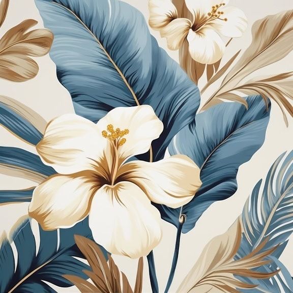 Blomstret grafisk illustration af liljeblomster og blade i falmede pastelblå og gullige toner