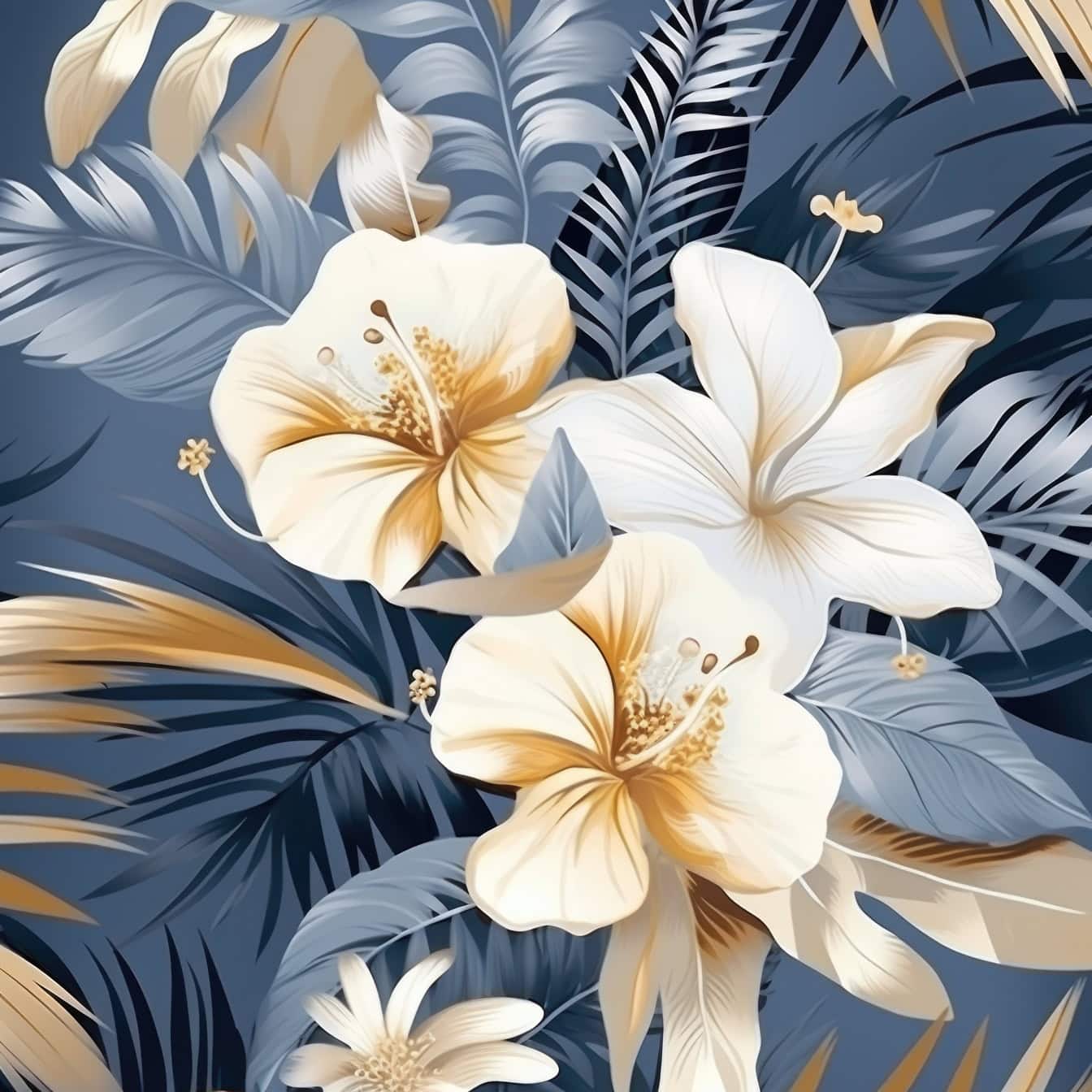 Illustration graphique florale de fleurs et de feuilles dans des tons bleu pastel et jaunâtre