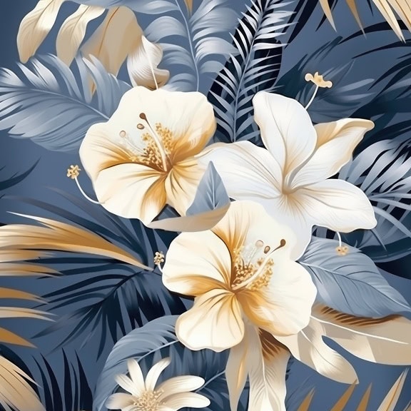 Illustrazione grafica floreale di fiori e foglie in toni blu pastello e giallastri