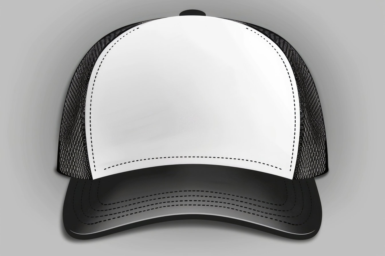 Ilustración gráfica 3D de gorra de hip hop en blanco y negro sobre fondo gris