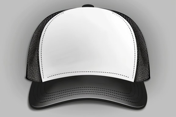 Ilustrasi grafis 3D topi hip hop hitam putih dengan latar belakang abu-abu