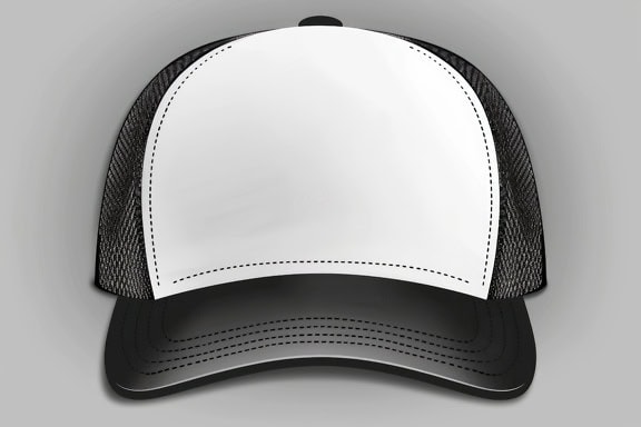 3D graphic illustration of black and white hip hop cap on grey background