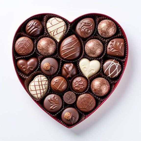 Heart shaped chocolate candy box, a sweet Valentine’s day present for sweet love