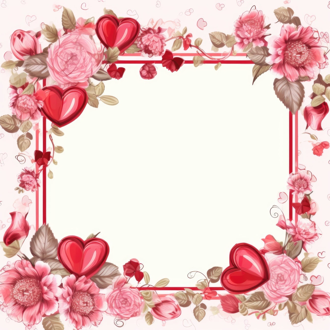 Tarjeta de felicitación romántica con marco cuadrado con flores y corazones rosas