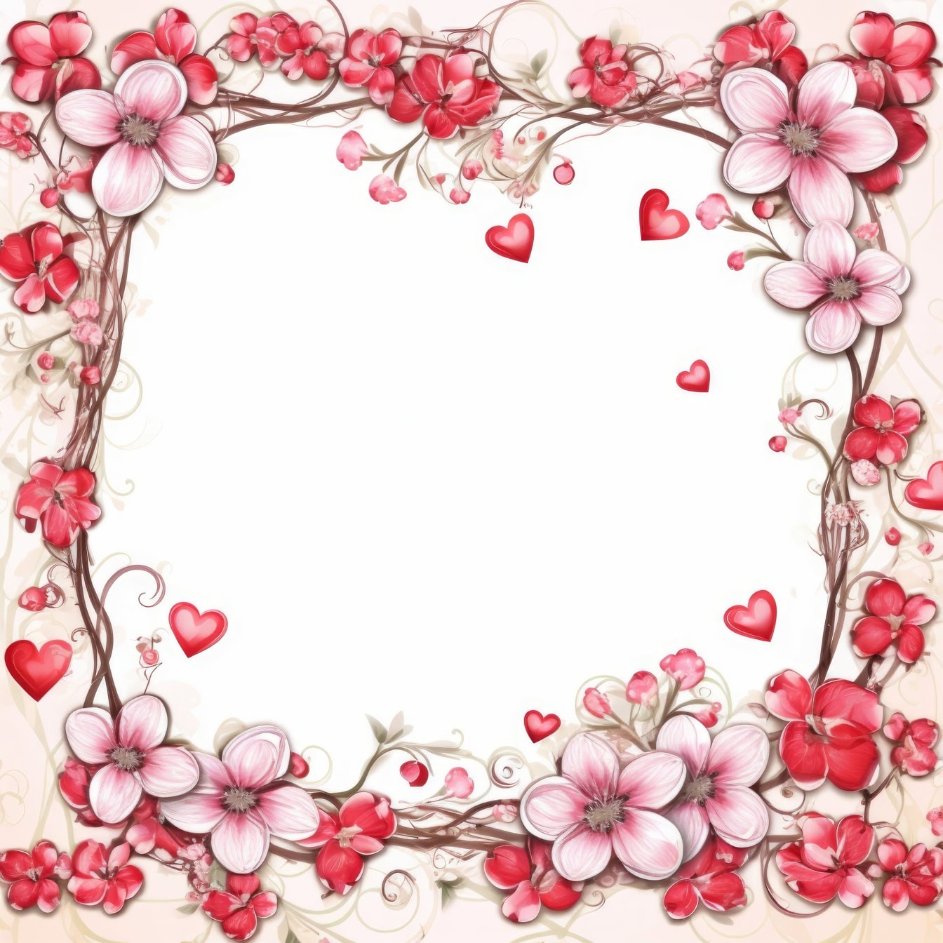 Modèle de carte de voeux romantique avec cadre de fleurs et de cœurs dans des tons rosés