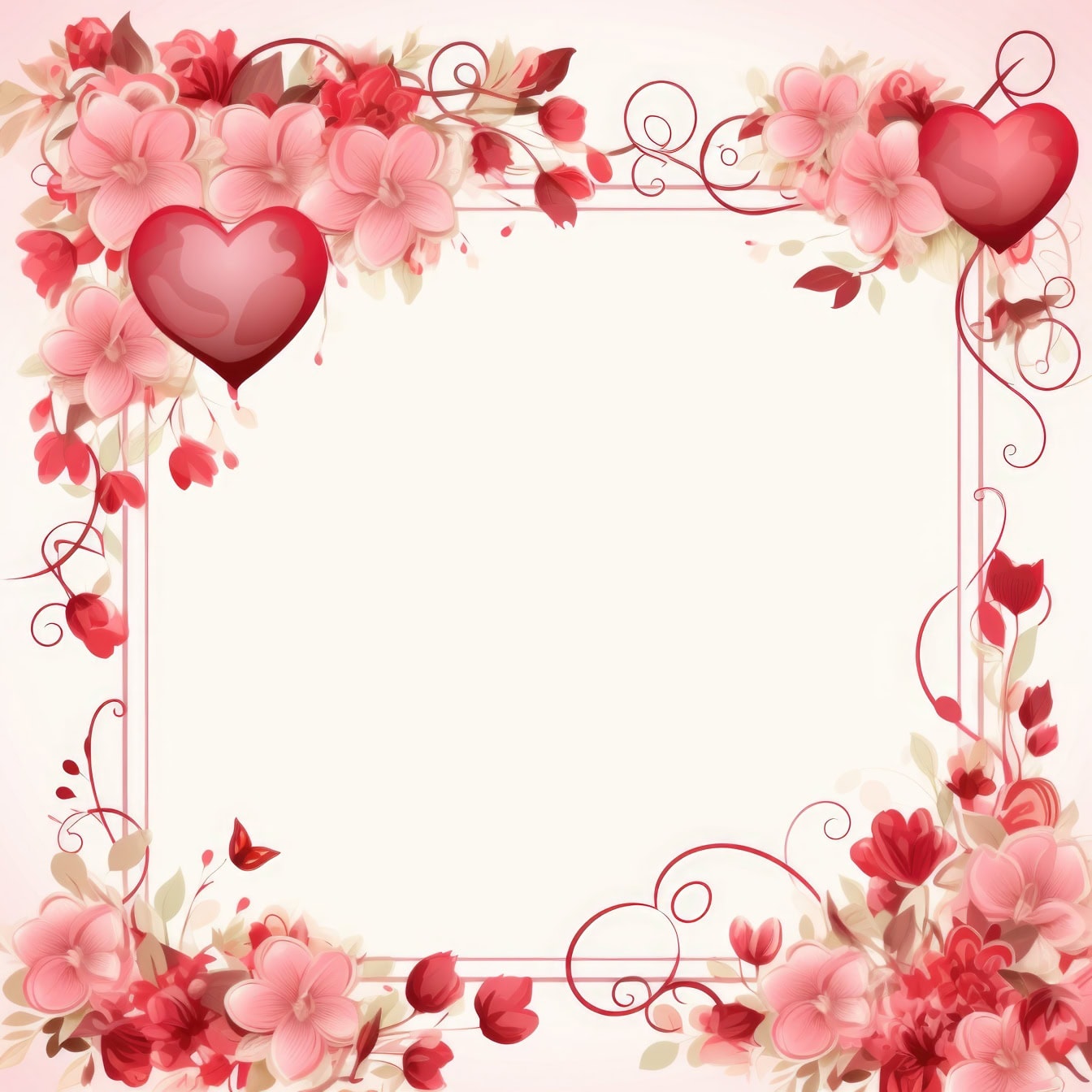 Šablóna valentínskeho blahoželania s rámom kvetov a srdiečok