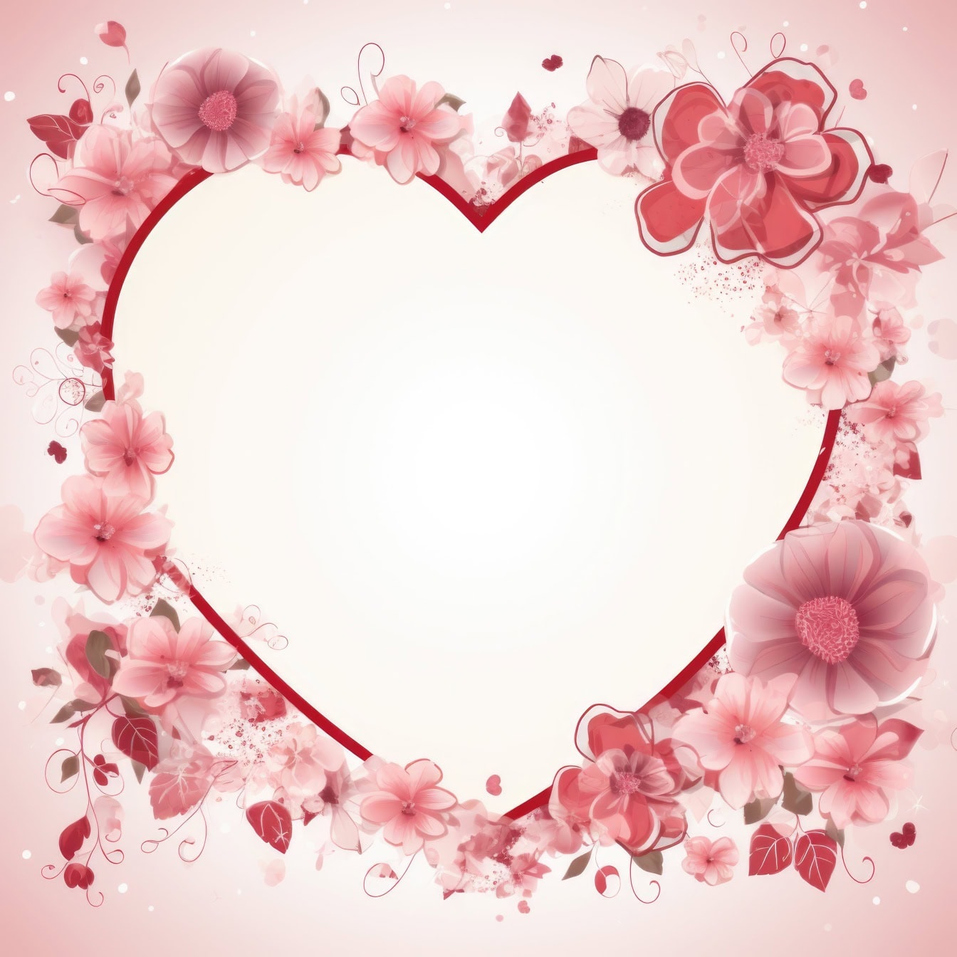 Romanttinen ystävänpäivän sydämenmuotoinen onnittelukorttipohja, jossa on kehys kukilla