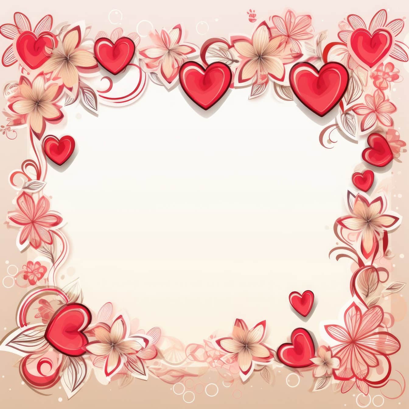 Шаблон пригласительной открытки на День святого Валентина с орнаментальной рамкой из цветов и сердечек