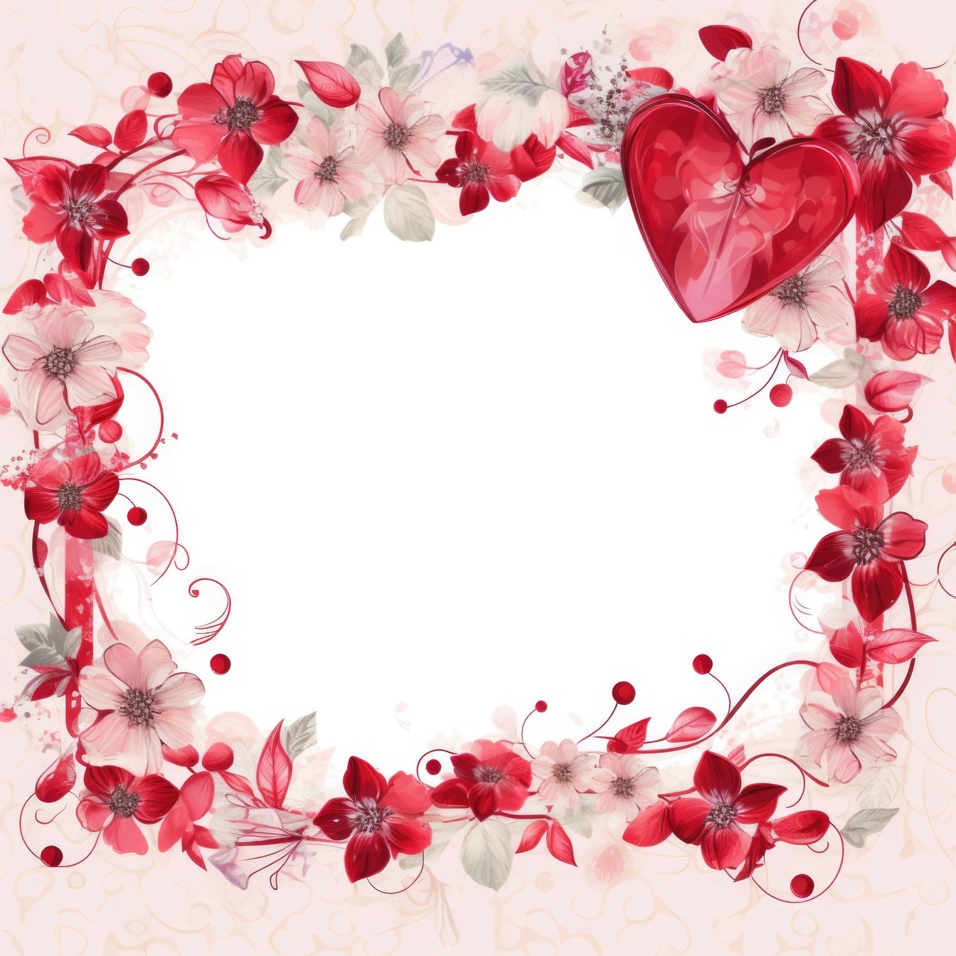 Plantilla de tarjeta de invitación floral romántica del Día de San Valentín con marco de flores y un corazón rojo oscuro