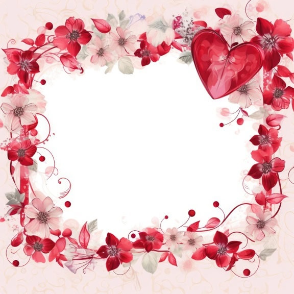 浪漫花卉情人节邀请卡模板，带有鲜花框架和深红色的心形
