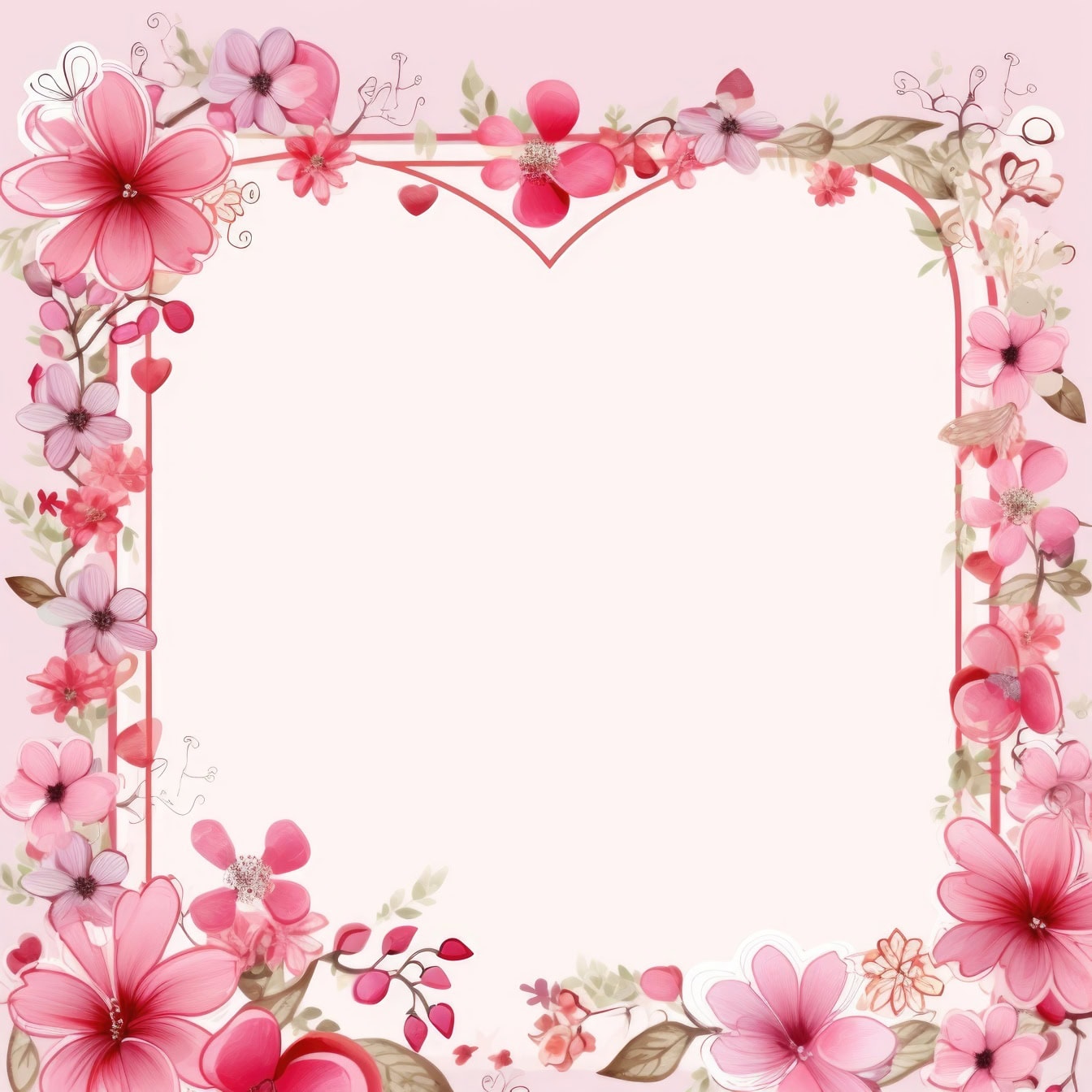 Blomstret Valentinsdag lykønskningskort skabelon med ramme af lyserøde blomster
