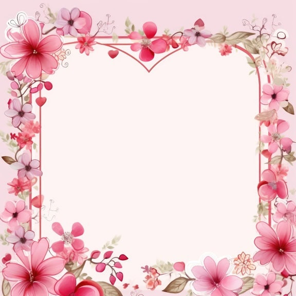 Floral Valentine’s Day greeting card template with frame of pinkish flowers