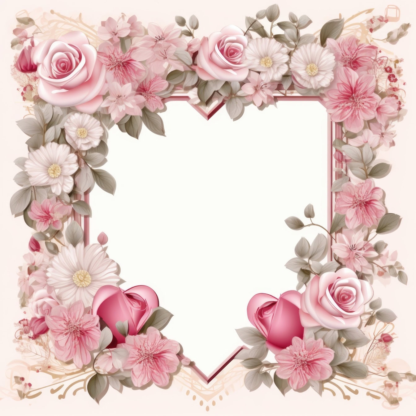Valentine’s Day invitation card template with a frame of pinkish flowers and leaves