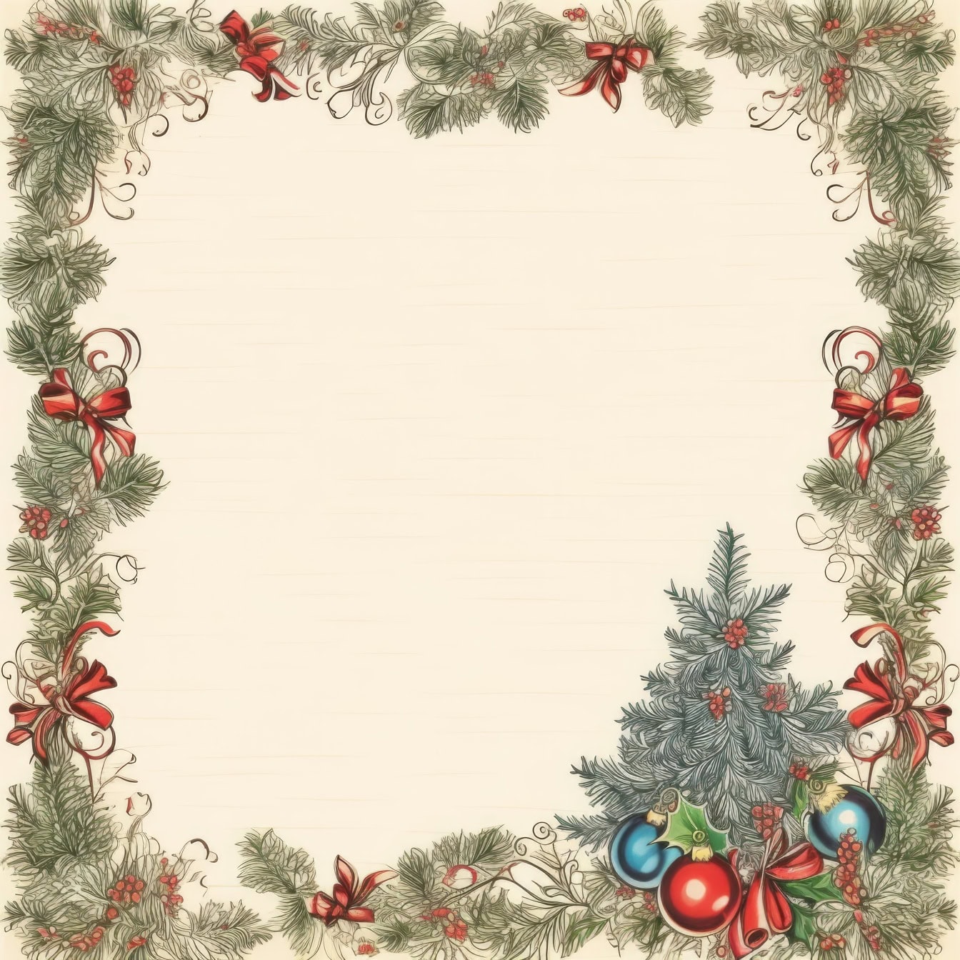 Szablon kartki świątecznej z choinką z ozdobami i kokardkami