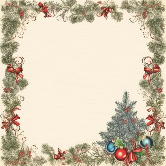 Šablona vánočního přání s vánočním stromečkem s ozdobami a mašlemi