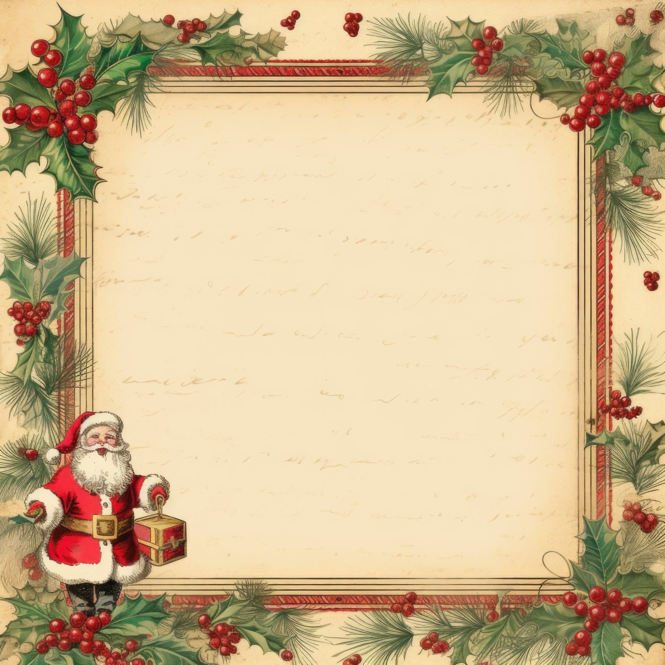 Perinteinen retrotyylinen joulukorttipohja, jossa on holly-seppelekehys ja joulupukki