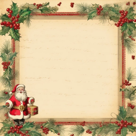 En traditionel julelykønskningskort skabelon i retrostil med ramme af kristtornkrans og med julemanden
