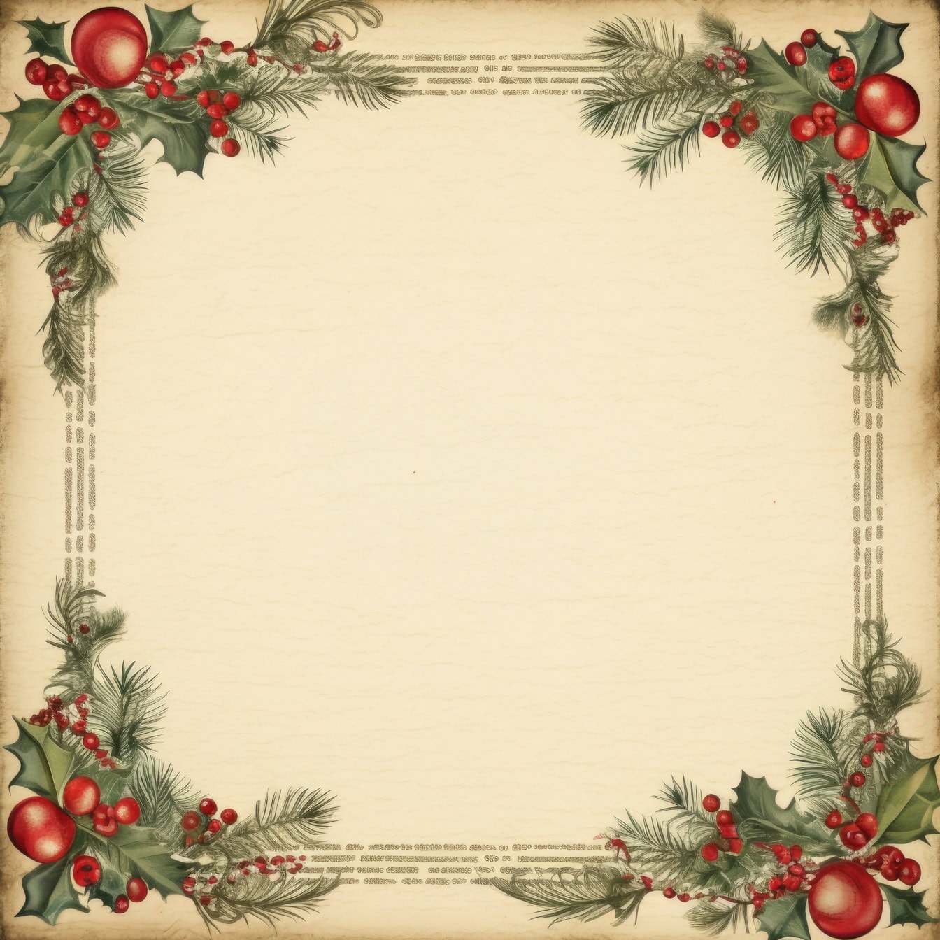A traditional New Year greeting card template in retro style with square frame with holly wreath with berries