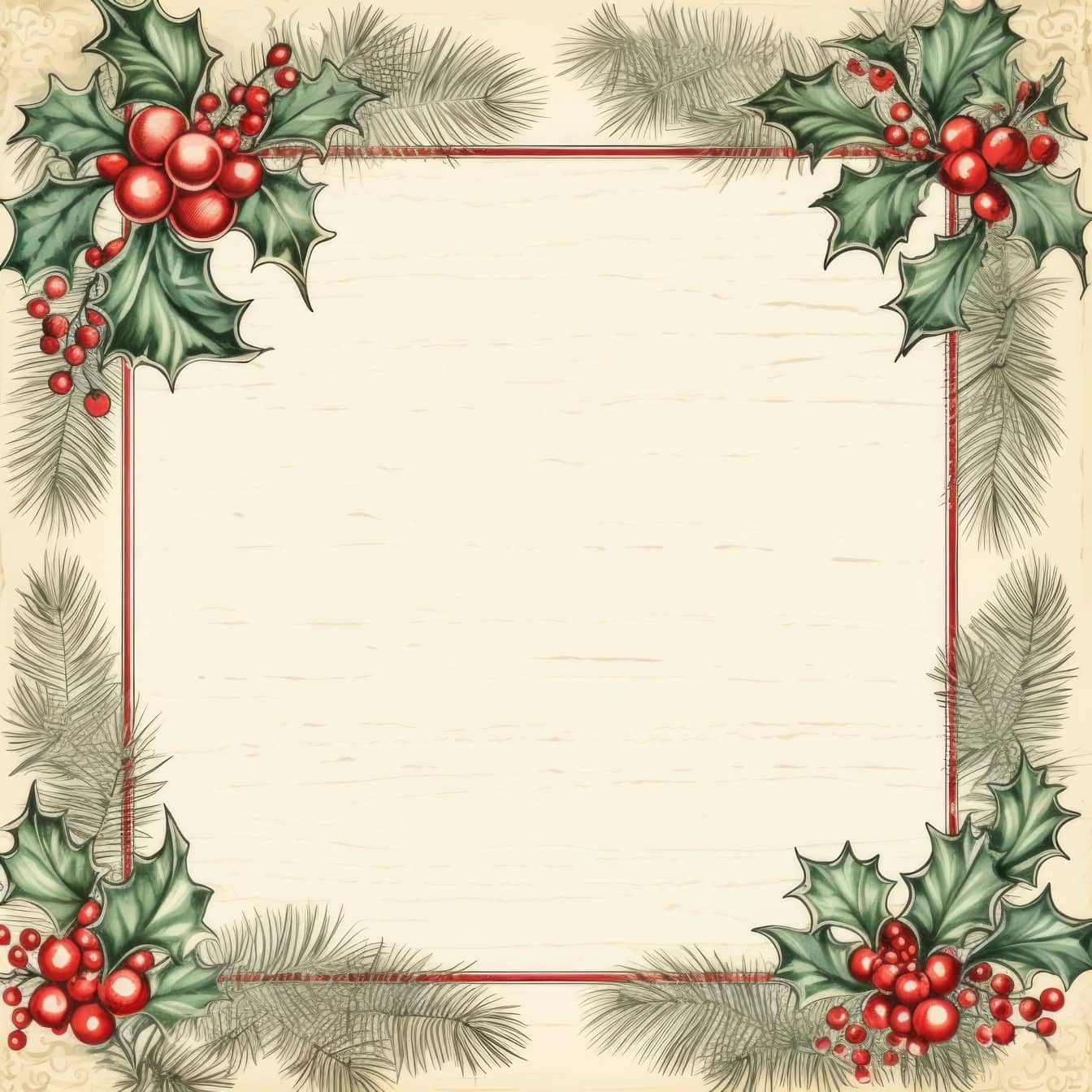 Szablon kartki z życzeniami noworocznym w stylu retro z kwadratową ramką z wieńcem z ostrokrzewu z jagodami i gałęziami sosny