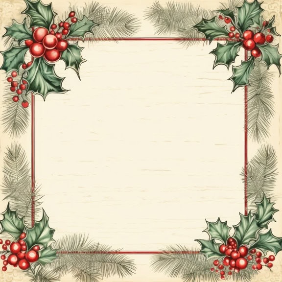 Un modello di biglietto d’auguri di Capodanno in stile retrò con cornice quadrata con ghirlanda di agrifoglio con bacche e rami di pino