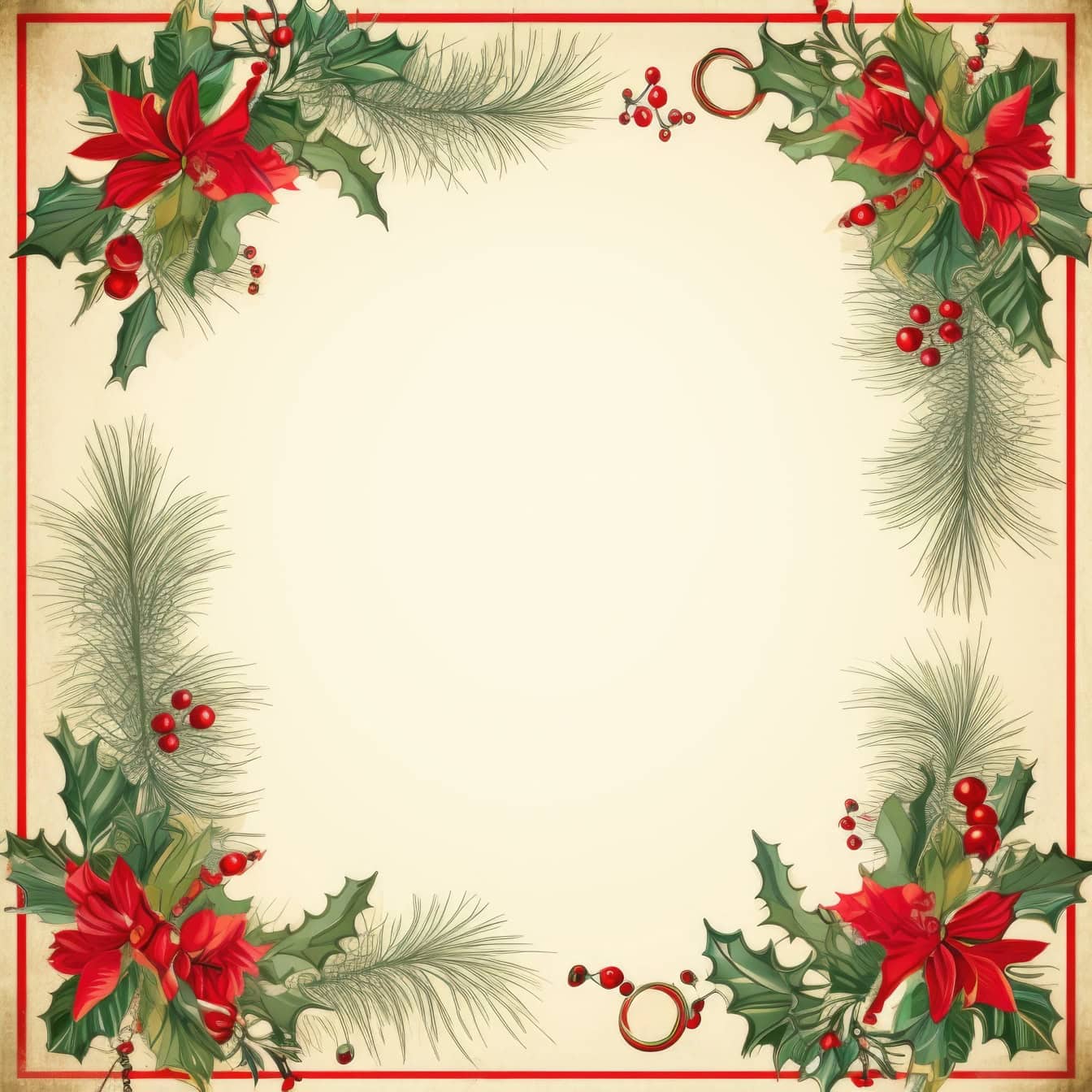 Ornamentální šablona vánočního a novoročního přání v retro stylu se čtvercovým rámečkem s červenými bobulemi a zelenými listy