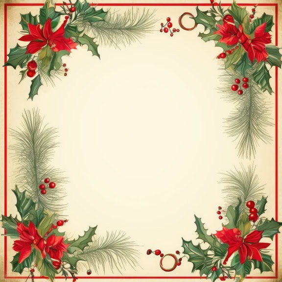 Okrasná šablóna vianočného a novoročného blahoželania v retro štýle so štvorcovým rámom s červenými bobuľami a zelenými listami