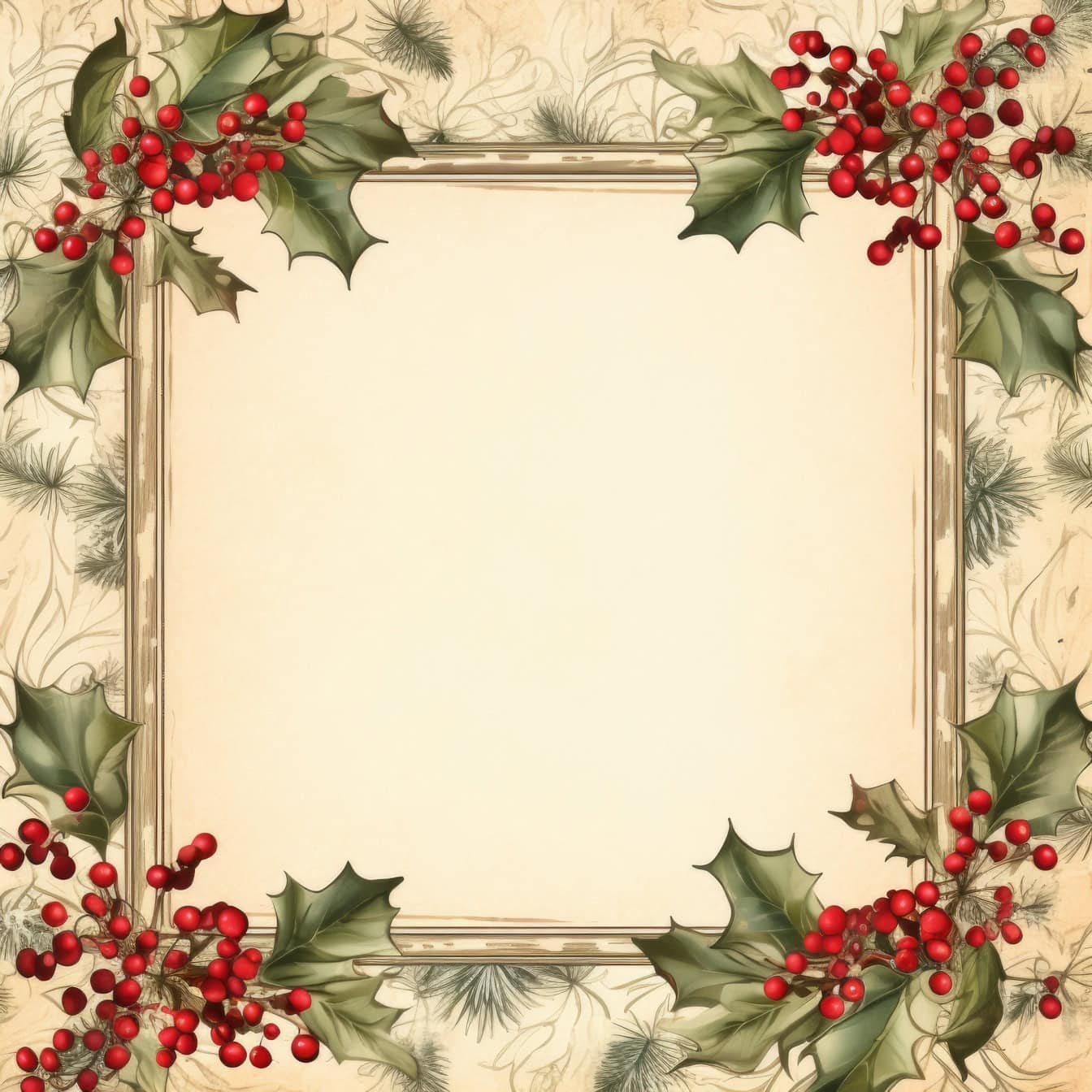 Plantilla de tarjeta de felicitación de Navidad en estilo antiguo con marco cuadrado con bayas rojas y hojas