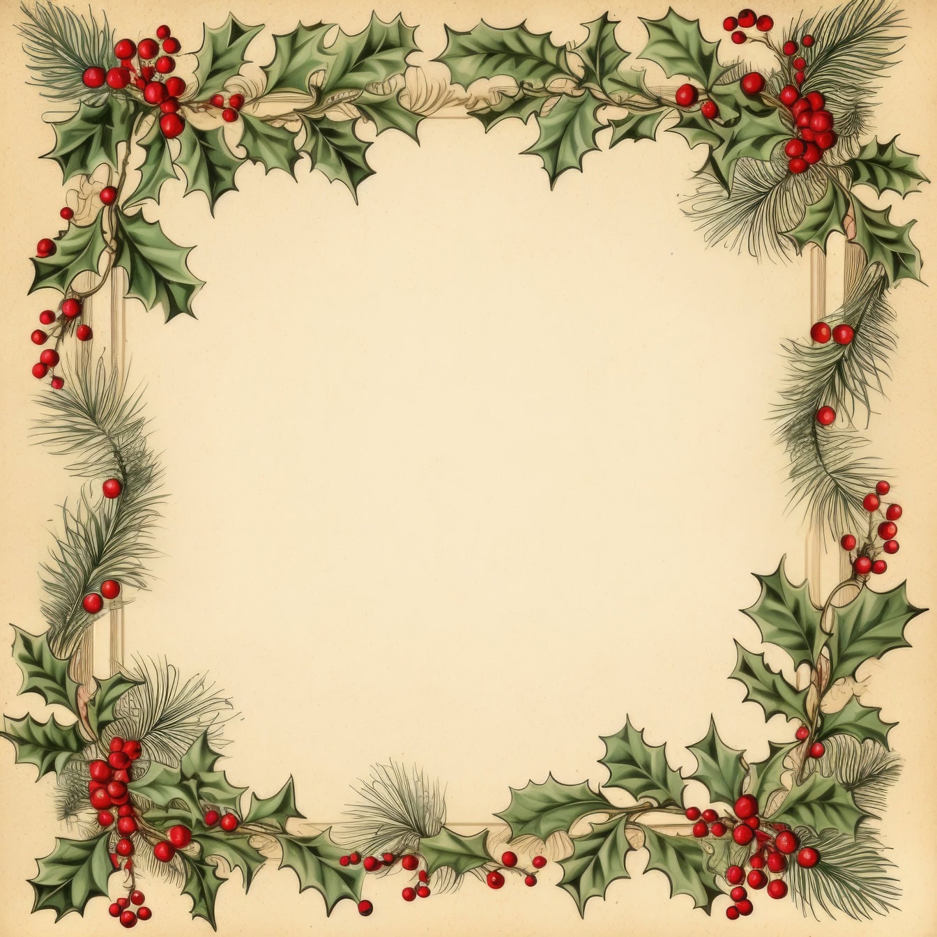 Julkort med ram av järnekskrans och bär, en perfekt mall för gratulationskort för semester