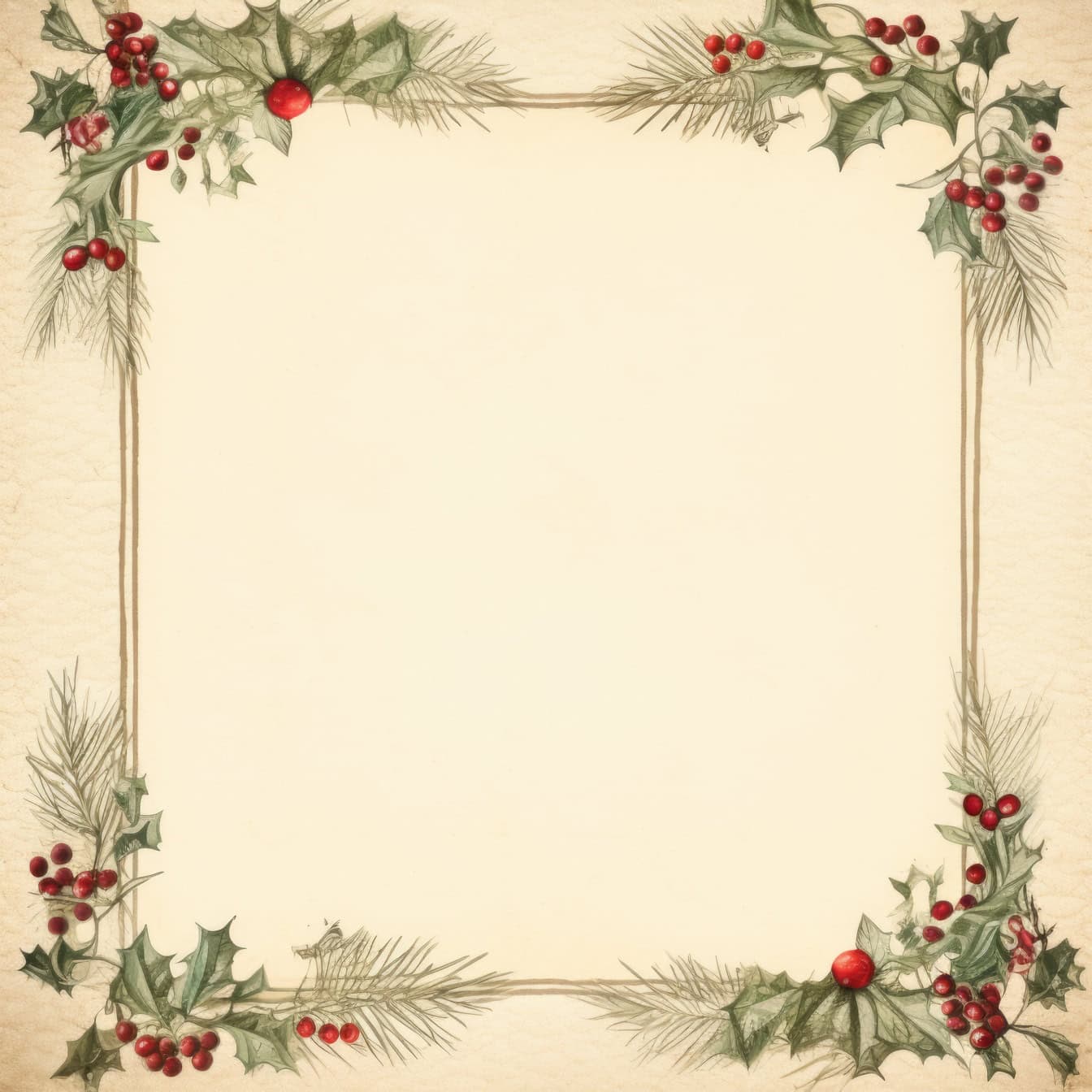 Gammeldags julekort med firkantet ramme med kristtorn og bær