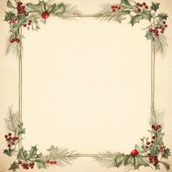 Old style Christmas card with square frame with holly and berries