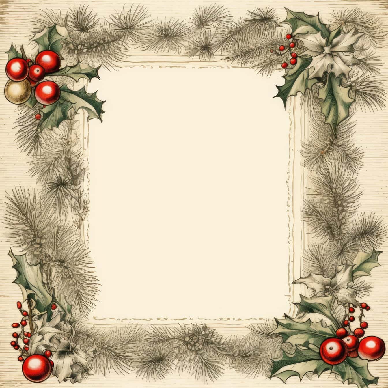 Tarjeta de Navidad decorativa de estilo antiguo con marco ornamental decorado con ramas de pino y bayas