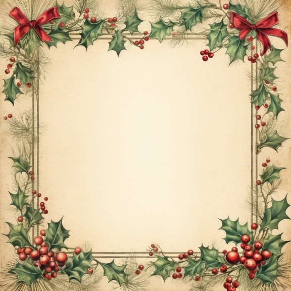 Christmas card in reto old style with square frame with holly berries and bows