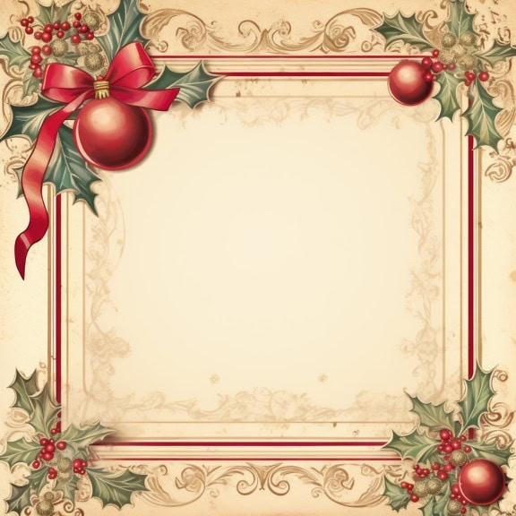 Christmas card with a frame with decorations and holly leaves in holiday style