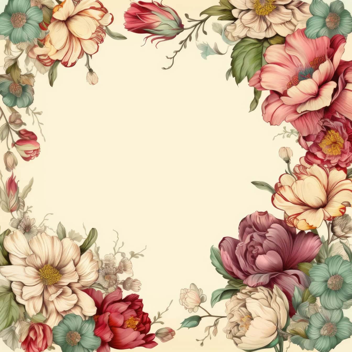 Çiçeklerin dekoratif süs çiçek çerçevesi, eski retro tarzında bir grafik illüstrasyon