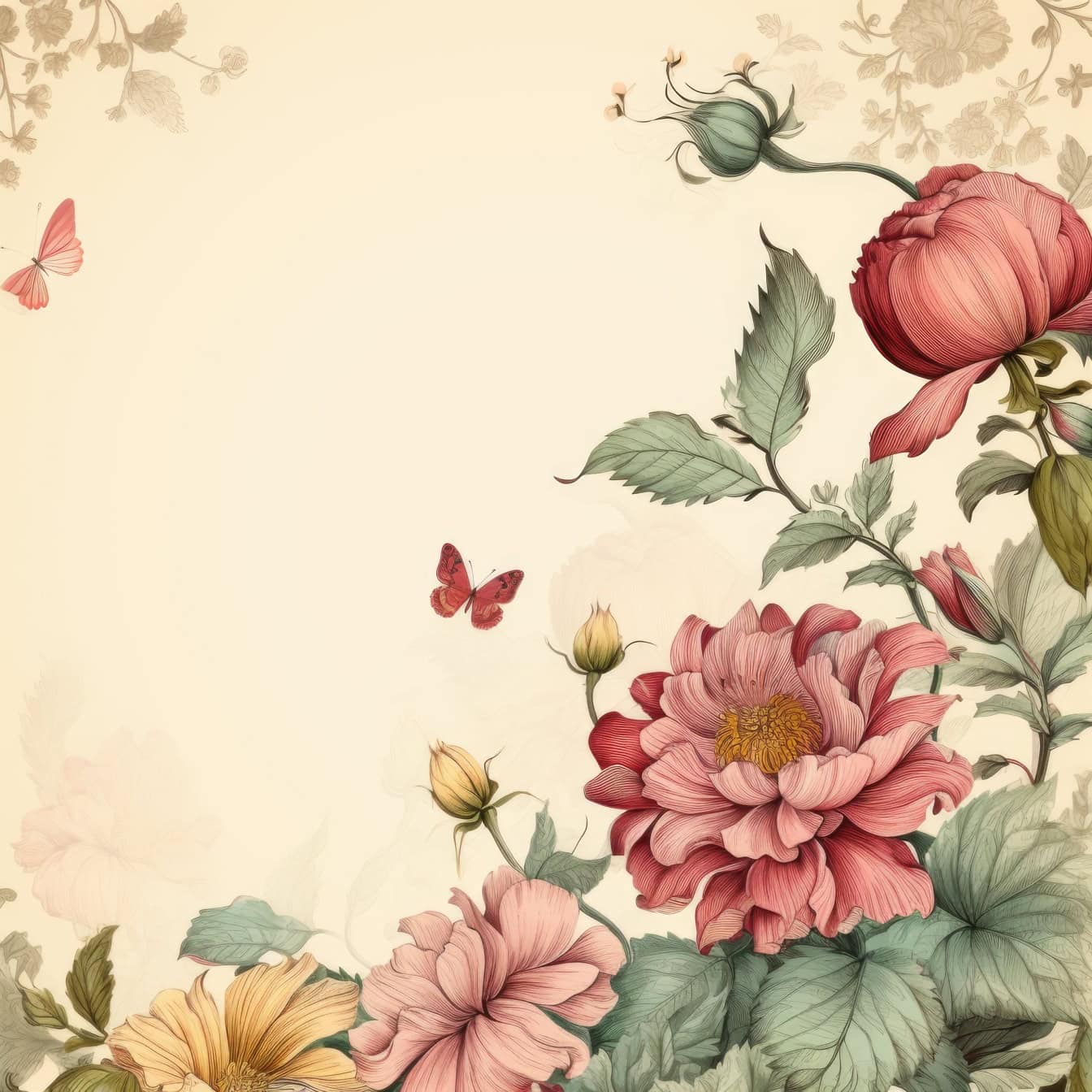 Akvarelgrafik i gammel stil af blomster og sommerfugle