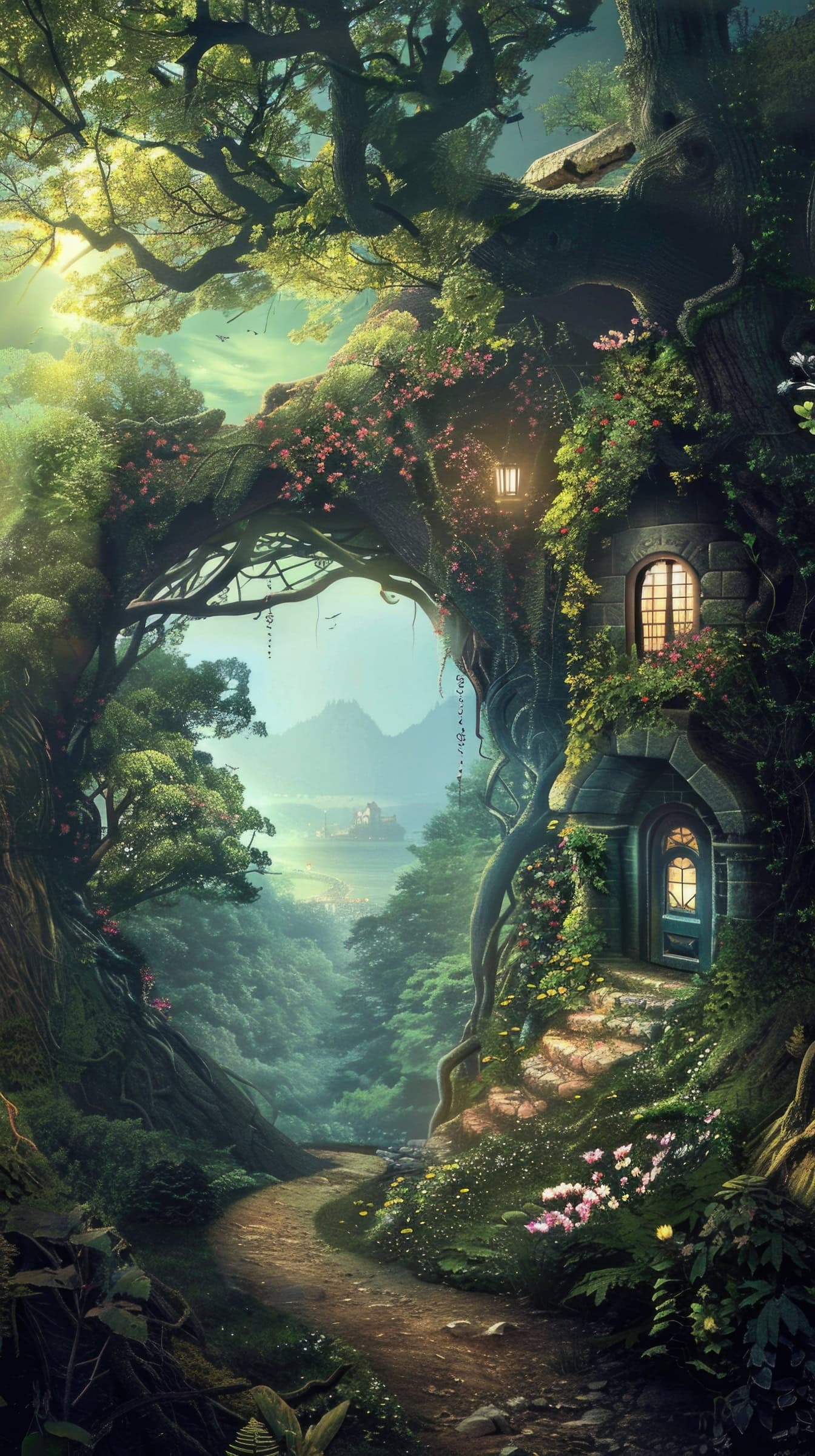 Una mágica casa del árbol de cuento de hadas a lo largo del camino del bosque por la noche