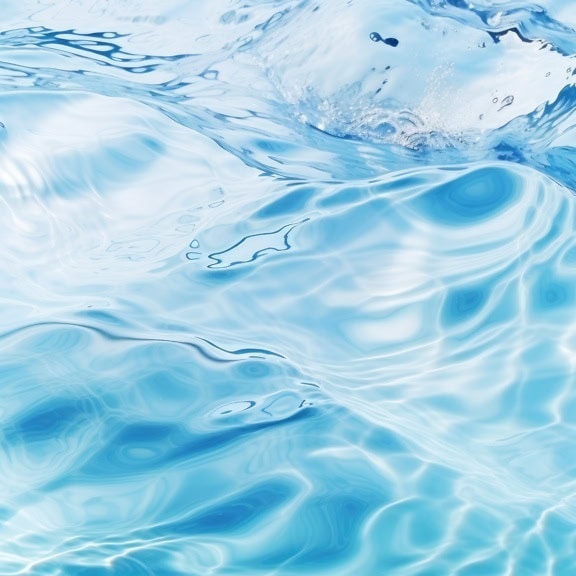 Superfície turquesa semi-transparente da água com ondas espirrando, ilustração do movimento fluido