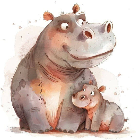 Graphic illustration of mother hippo and adorable baby hippo