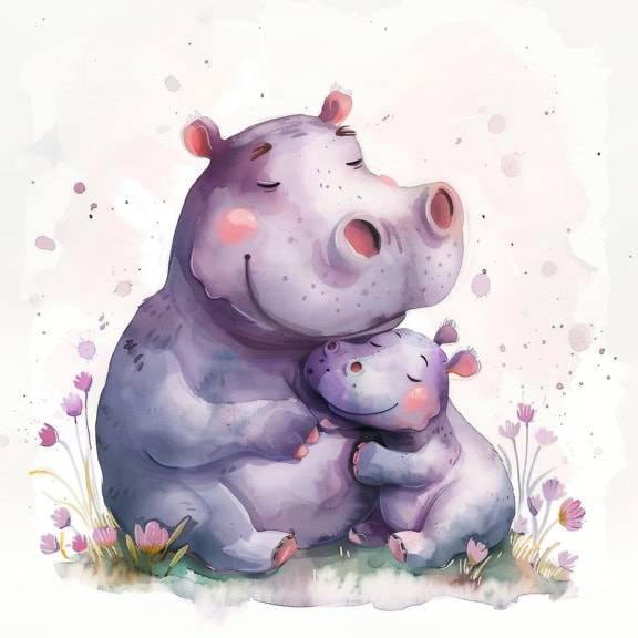 Watercolor illustration of a mother and a baby hippos hugging each other, creative vector graphic in pastel pink and purple tones