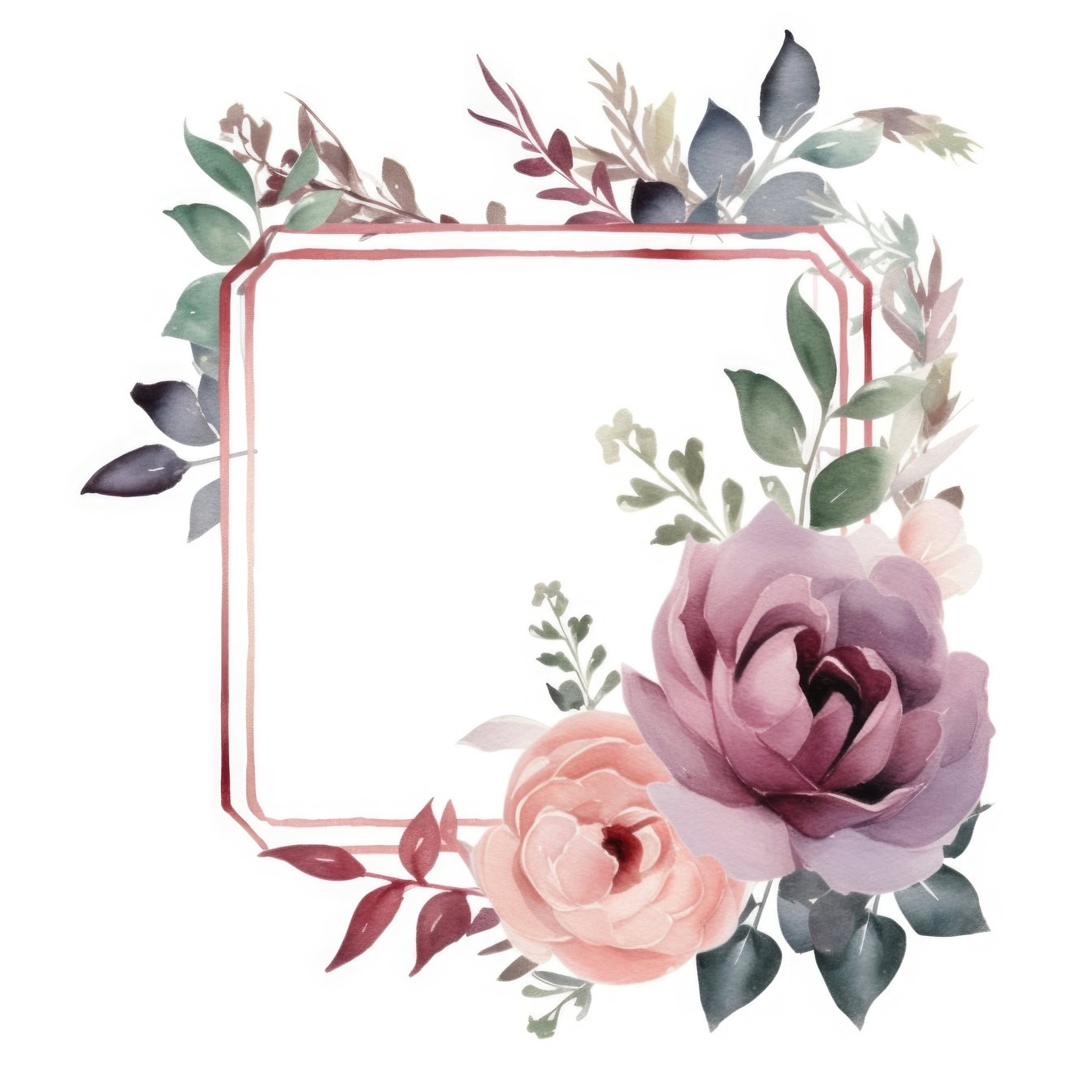 Акварелна живопис с рамка от пастелни лилаво-розови розови цветя и листа
